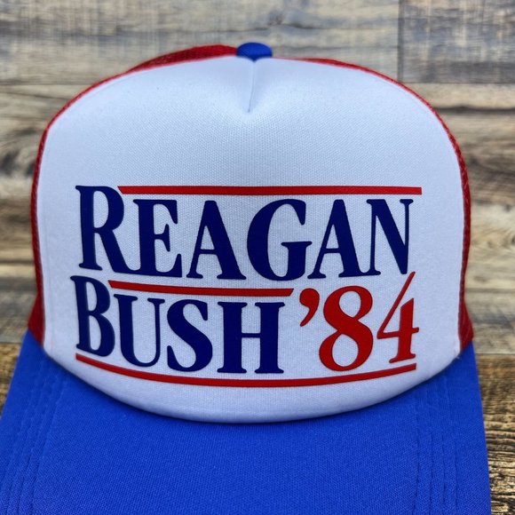 Reagan Bush '84 Mens Trucker Hat Blue Snapback USA President Retro Baseball Cap - Picture 3 of 8